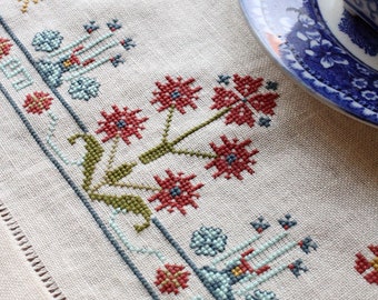 Cross Stitch Kit Blue Larkspur by Avlea Folk Embroidery Table Runner Counted Thread Floral