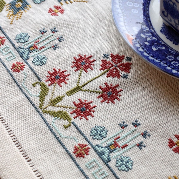 Cross Stitch Kit Blue Larkspur by Avlea Folk Embroidery Table Runner Counted Thread Floral