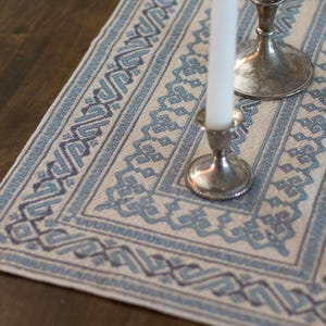 May include: A beige and blue patterned table runner with a geometric design. Two silver candle holders with white candles are on the runner. The runner has a detailed border and is made of a woven fabric.