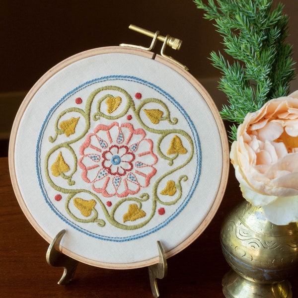 Embroidery hoop kit stamped cotton fabric Avlea Folk Embroidery Arcadian Rose great for beginners includes everything beech hoop