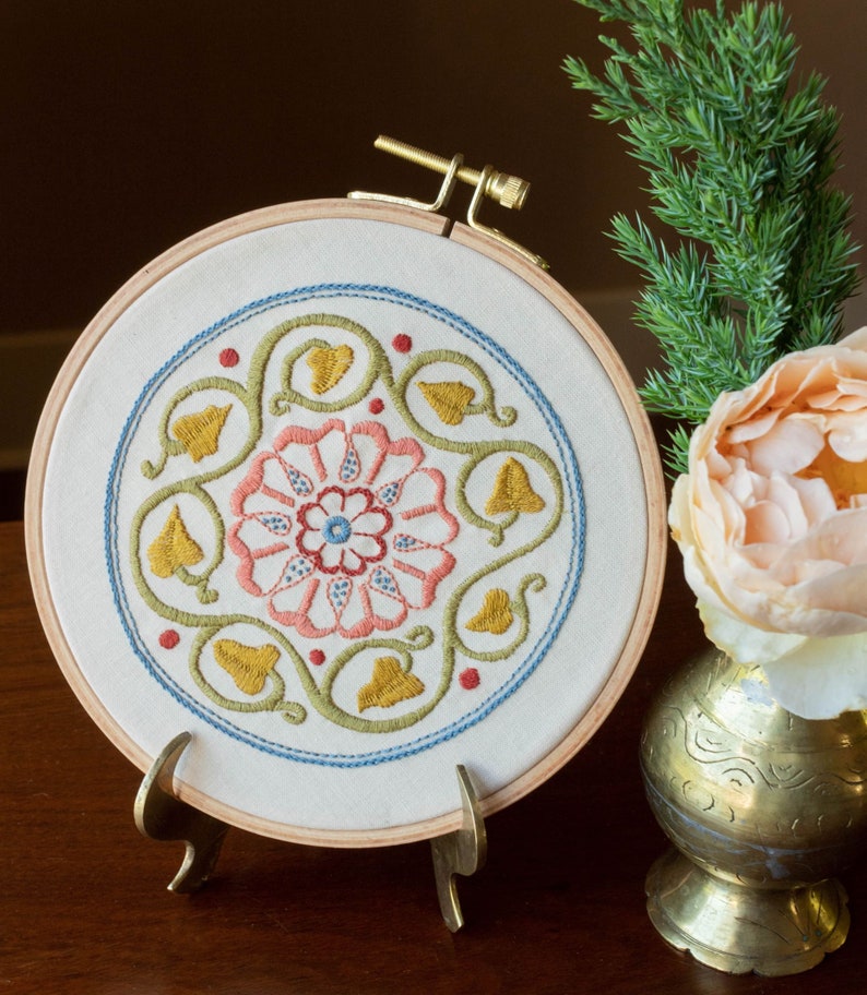 Embroidery hoop kit stamped cotton fabric Avlea Folk Embroidery Arcadian Rose great for beginners includes everything beech hoop image 1