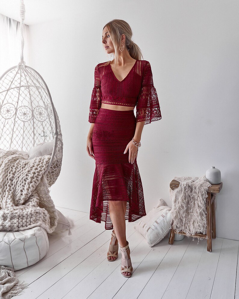 red lace two piece set