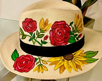 Hand Painted Floral Red Sun Hat | Boho Wide Brim Straw Hat | Festival Summer Hat Hand painted fedora hat, sun hat, Mother main image 3