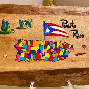 Mapa, bandera de Puerto Rico y cotorras