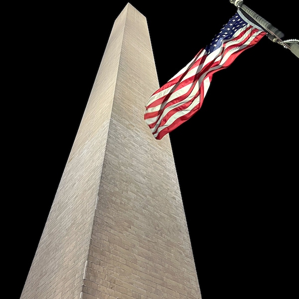 Washington Monument at Night with Stars & Stripes | Washington DC Capitol Mall Obelisk | Hotel Décor | Restaurant Décor | Travel Photography