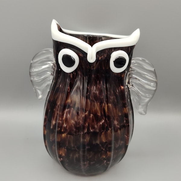 Owl Art Glass Vase - Rescue Me Vintage SE - Brown Tortoise Shell Hand Blown Applied Eyes and Wings