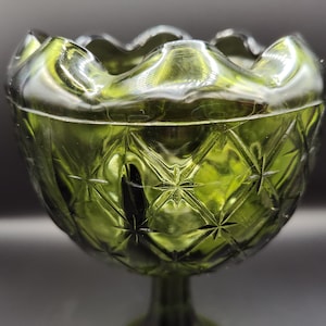 Indiana Glass Cupped and Crimped - Rescue Me Vintage SE - Avocado Green Round Compote Discontinued Vintage Glass MCM Candy Dish Collectable
