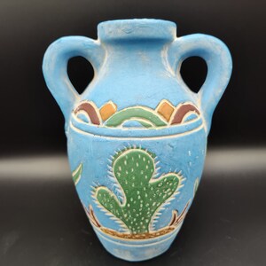 Southwestern Pottery - Rescue Me Vintage SE - Desert Landscape Cactus, Hand painted, Molded, Double Handled Jug, Pottery