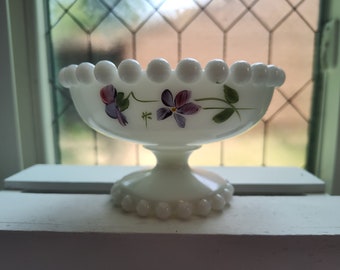 Vintage Hand Painted Milk Glass Candy Dish - Rescue Me Vintage SE - Imperial's Candlewick pattern Compote Trinket Blue Purple Forget-Me-Nots