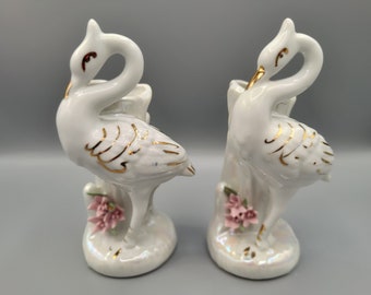 Paar Schwanenvogel 15 cm Vasen in Gold - Retten Sie mich Vintage SE - Mini Vasen, Vintage Vasen, Knospe Vase, Porzellan, Hergestellt in Japan, Rosa Blumen