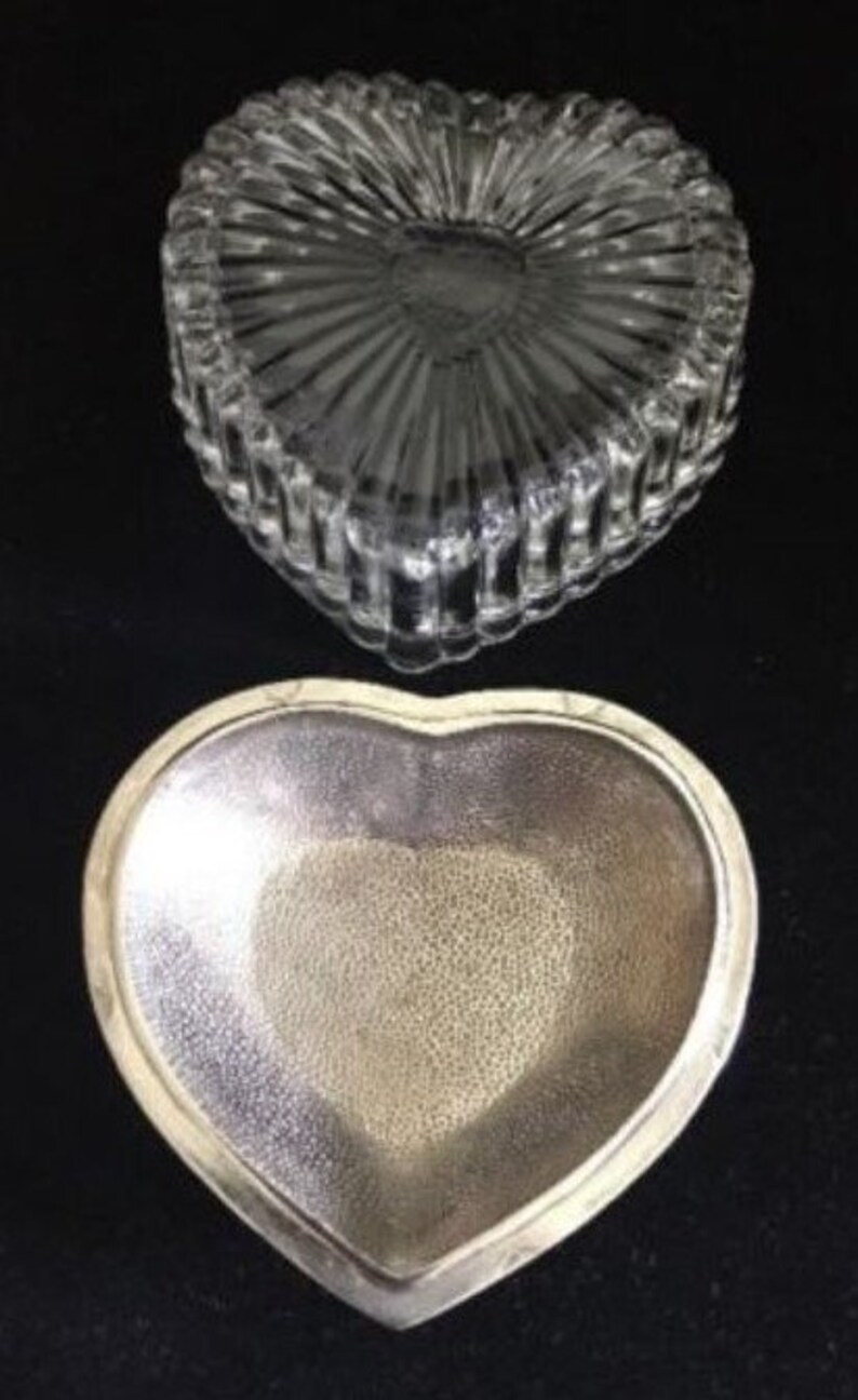 Vintage Crystal Heart-shaped Trinket Box with Heavy Silver Plated Lid