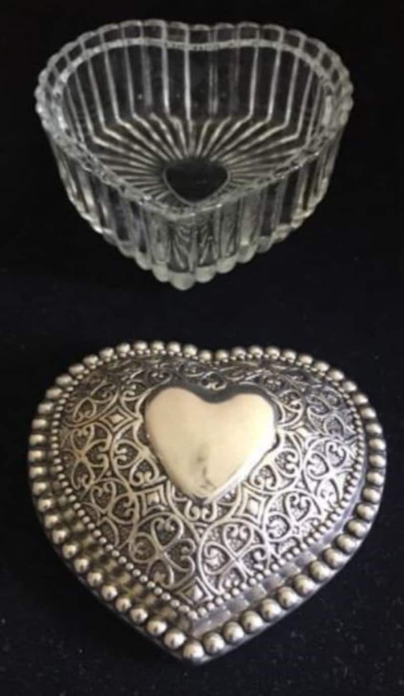 Vintage Crystal Heart-shaped Trinket Box with Heavy Silver Plated Lid