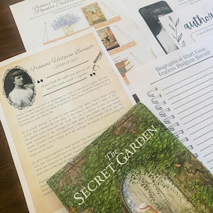 May include: A collection of printed materials related to Frances Hodgson Burnett, including a biography, essay, and a book titled "The Secret Garden." The book cover features a garden scene. Other papers have text and illustrations.