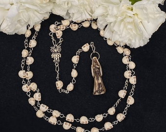 Santa Muerte Bone Rosary + Hueso + Sterling Silver Plated Chain + Handcrafted + Rosario
