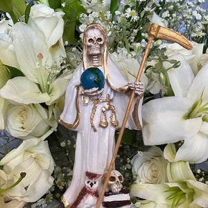 Santa Muerte Blanca Libros Statue + 24K Gold + Baptized + Fixed + Made in Mexico