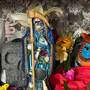 Santa Muerte Azul Statue + 12” + Fixed and Baptized on Feast Day on Feast Day + 24K Gold