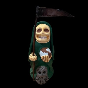Santa Muerte Verde Statue + Green + Mictecacihuatl + Mictlantecihuatl + Traditionally Crafted from Mexican Clay + 1 of Kind + Made in Mexico