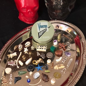 Vintage Vertex Travel Size Tinned Bone, Shell, and Trinket Divination Collection (53 Pieces)