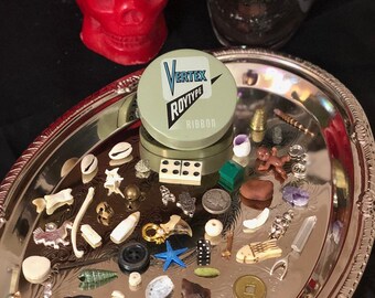 Vintage Vertex Travel Size Tinned Bone, Shell, and Trinket Divination Collection (53 Pieces)