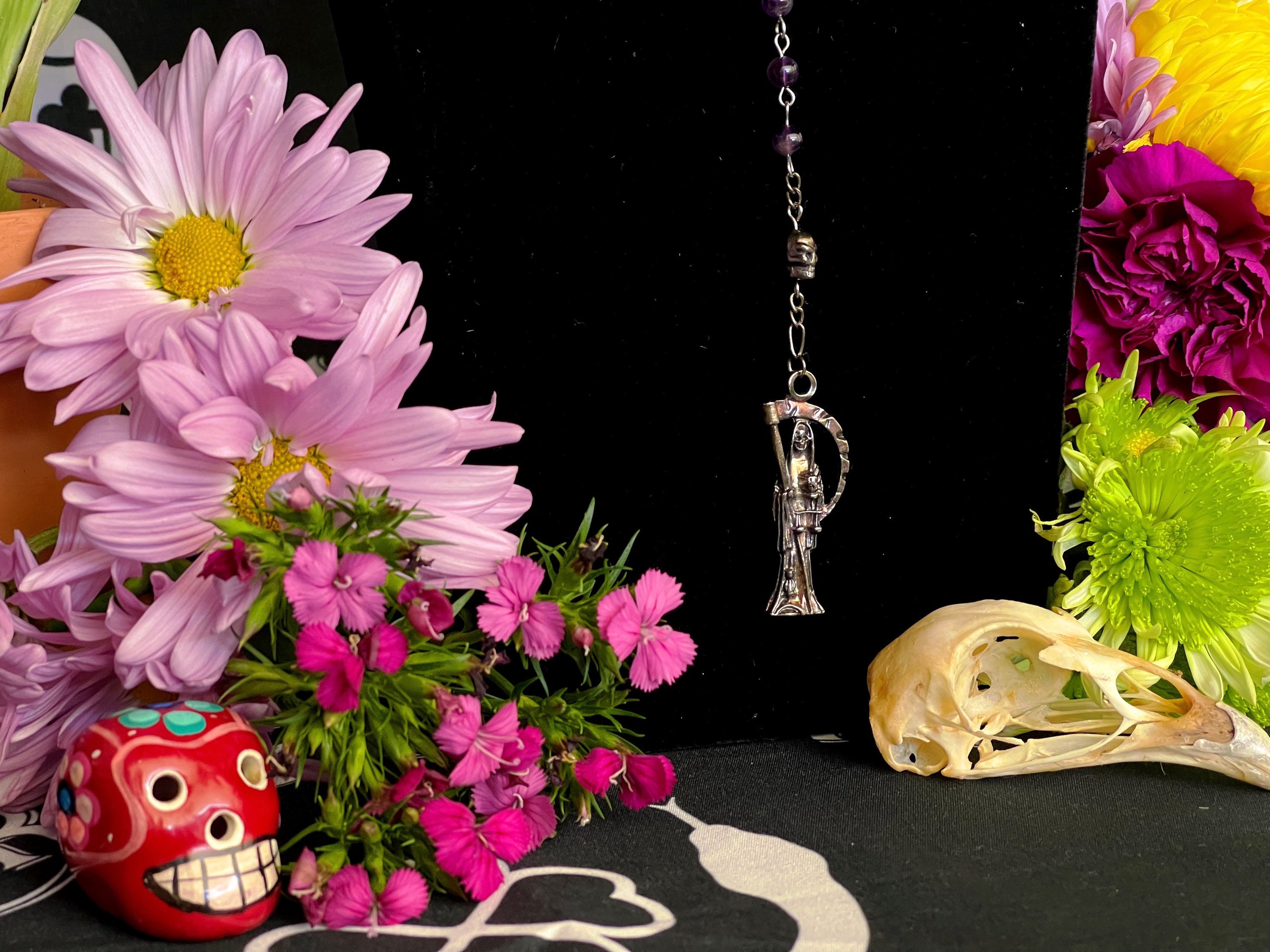 Santa Muerte Morada Rosary + Psychic Vision + Amethyst + Blessed + Purple + Gemstone + Handcrafted + Sterling Silver Chain + Rosario