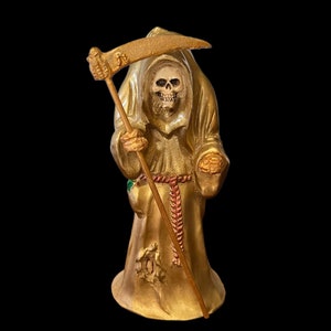 Santa Muerte Dorada Jorobada Statue + 24K Gold + Bucklige + Glück + Getaufte + Fest + Made in Mexico + Taschen voller Geld