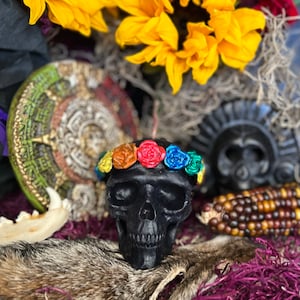 Skull Candle with Rainbow Roses + Hand Painted