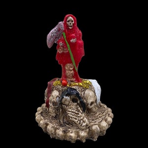Santa Muerte Roja Statuette + Hear, Speak, See No Evil + Hide Love Spellwork + Baptized + Blessed + Fixed + Made in Mexico