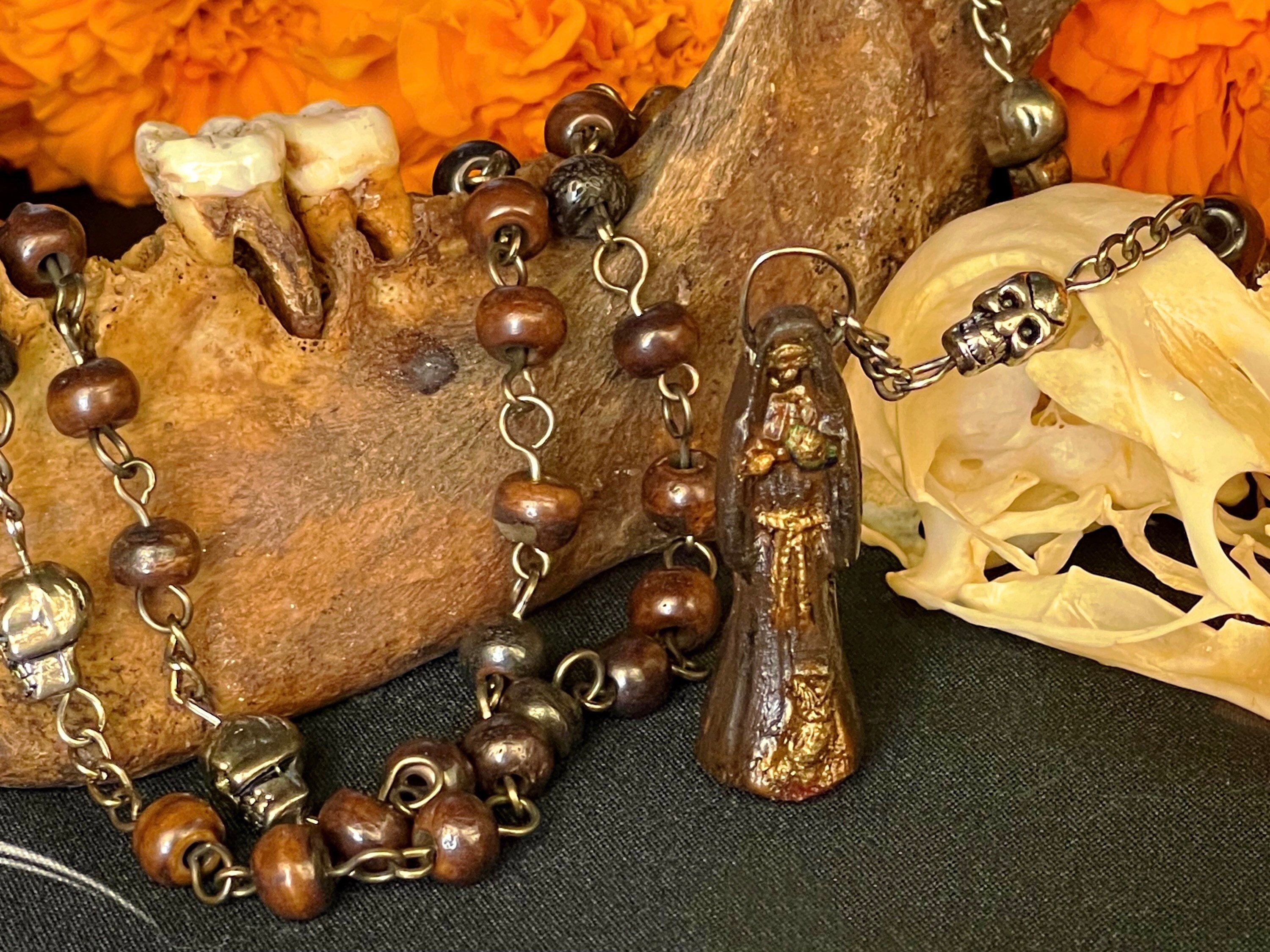 Santa Muerte Marron Rosary with Bone Beads + Brown + Necromancy + Blessed + Sterling Silver Plated Chain + Handcrafted + Rosario