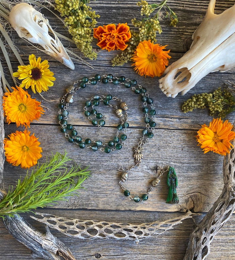 Santa Muerte Verde Rosary + Moss Agate + Blessed + Sterling Silver Plated Chain + Handcrafted + Gemstone + Rosario authentic