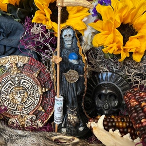 Deluxe Santa Muerte Negra / Black Statue + 24K Gold + Baptized + Fixed + Made in Mexico