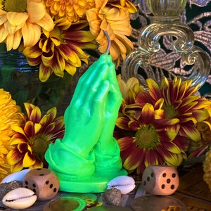 Neon Praying Hands Candle + Glows under Blacklight