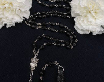 Santa Muerte Negra Rosary + Blessed + Sterling Silver Plated Chain + Handcrafted + Rosario