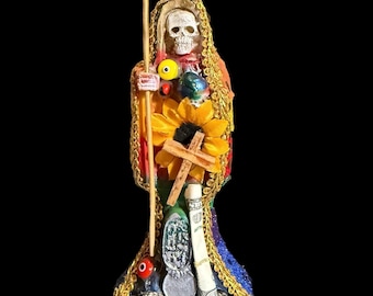 Estatua de la Abundancia de Santa Muerte Siete Colores + Bautizada + Fija + Fabricada en México
