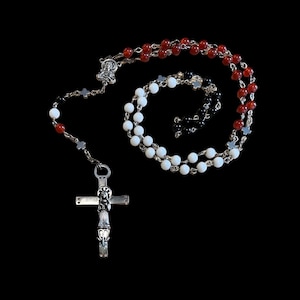 Santa Muerte Rosary with Tricolor Gemstone Beads & S Muerte Cross + Blessed + 3 Robes + Sterling Silver Plated Chain + Handcrafted + Rosario