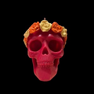 Skull Candle with Orange & Yellow Roses + Hand Painted
