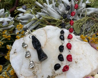 Santa Muerte Negra Reversing Rosary with Skulls + Sterling Silver Plated Chain + Handcrafted + Rosario