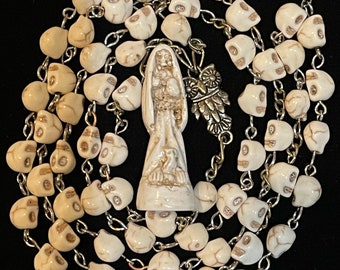 Santa Muerte Hueso (Bone) Rosary + Sterling Silver Plated Chain + Handcrafted + Blessed + Rosario