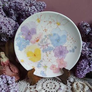 Vintage Ernestine Salerno Dinner Plate, Floral Plate, Large Hand Painted Pastel Watercolor Flower Plate, Mid Century Italian Ceramic Dish