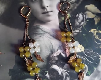 Vintage Dionysus Earrings / Green White Gold Leaf Chain Dangle Grape Mid Century Witchy Jewelry