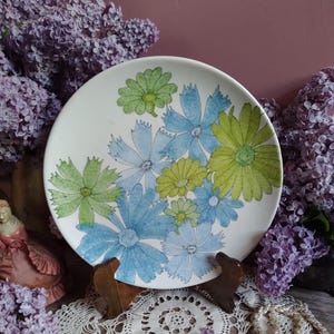 Vintage Ernestine Salerno Dinner Plate, Blue Green Daisy Floral Plate, Hand Painted Watercolor Flower, Mid Century Italian Ceramic Dish