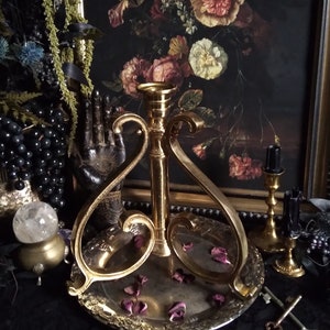 LARGE Vintage Brass Candlestick with Triple Scroll Legs / Gold Baroque Taper candle holder / Brass candelabra / Witchy Maximalist Decor