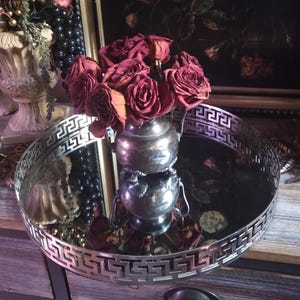 Large Vintage Vanity Mirrored Altar Tray / Hollywood Regency Silver Greek Circle Table Mirror / Dark Gothic Cottage Witchy Decor
