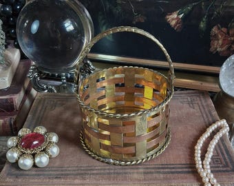Vintage Mini Brass & Copper Basket / Small Woven Gold Metal Handle Basket / Dark  Gothic Cottage Witchy Decor