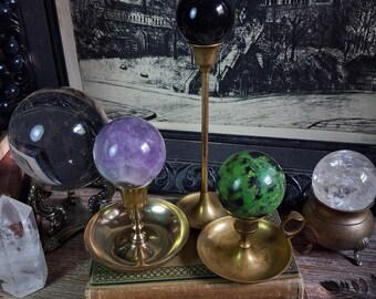 Set 3 Vintage Brass Candlesticks / Brass Chamber Stick / Gold Taper candle holder / Crystal Ball Stand / Dark Gothic Cottage Witchy Decor