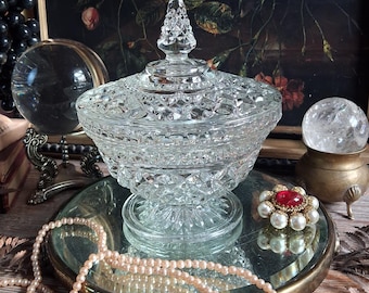 Vintage Cut Crystal Glass Lidded Dish / Diamond Point Covered Offering Bowl / Finial Top / Dark Gothic Cottage Witchy Decor