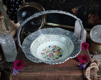 Vintage Floral Silver Aluminum & Ceramic Basket Dish / Ornate Handled Aphrodite Offering Bowl / Dark Gothic Cottage Witchy Decor