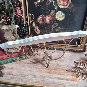Vintage White Painted Wood & Brass Wall Shelf / Scroll Leaf Altar Shelf / Dark Gothic Cottage  Witchy Decor