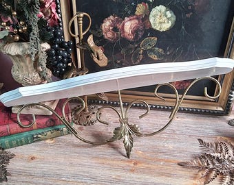 Vintage White Painted Wood & Brass Wall Shelf / Scroll Leaf Altar Shelf / Dark Gothic Cottage  Witchy Decor