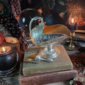 May include: A silver-toned metal coal scuttle with an ornate floral embossed pattern on the exterior, featuring a matching small silver-toned metal scoop resting on a stack of two vintage books with visible text on the spine.
