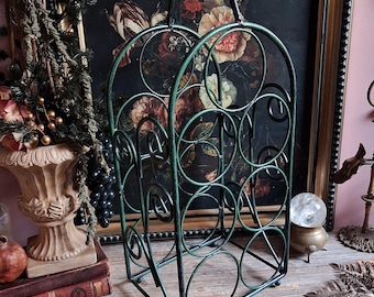 Rococo Metal Vintage 6 Bottle Wine Rack Patina Green Swirl / Tabletop Wine Storage / Bacchus Dionysus / Dark Gothic Cottage Witchy Decor